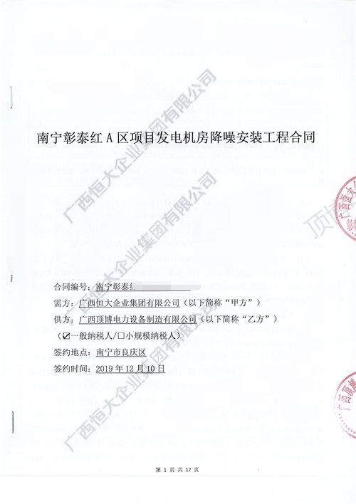 广西恒大广西顶博发电机组制造降噪安装工程